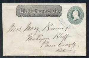 US #U82 (Thorp252) 3¢ green on white WELLS FARGO Type E, used, VA to California