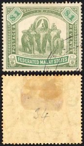 Malay SG48 One Dollar Grey green and Green Fiscally Hand Stamp