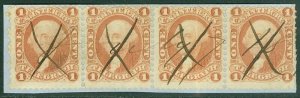 EDW1949SELL : USA 1862-71 Sc #R4c Scarce strip of 4 on piece. 1 stamp w/ crease.