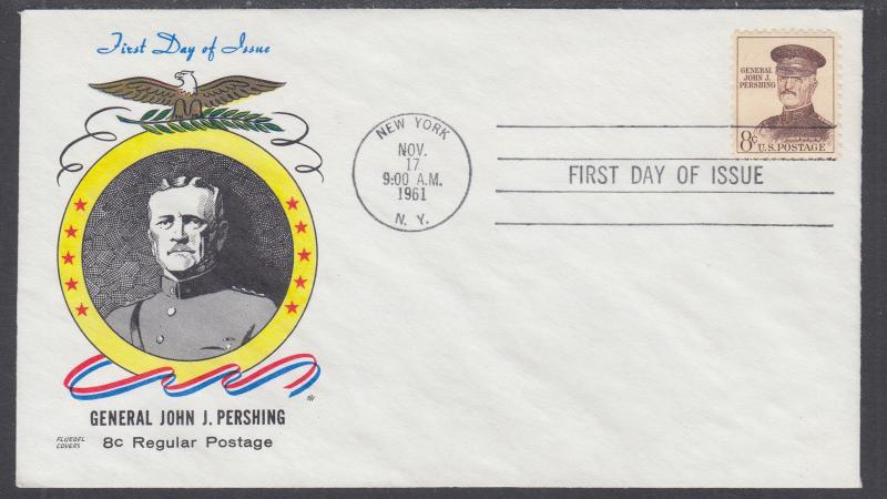 US Sc 1214 FDC. 1961 8c Gen. John J. Pershing, Fluegel Color Cachet, VF