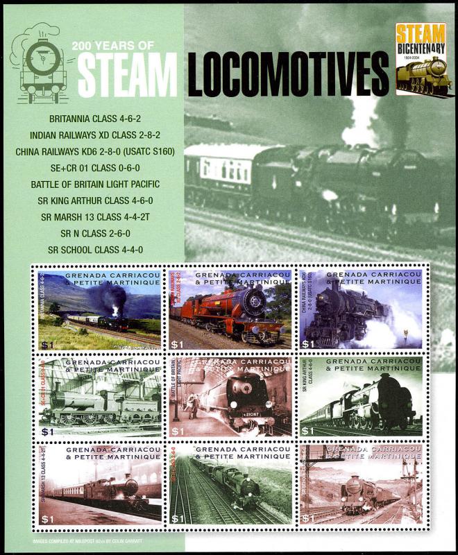 Grenada Grenadines 2541 Sheet of 9, MNH. Steam Locomotives, 2004