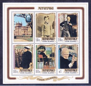 Aitutaki 114a (110-14) MNH 1974 Winston Churchill Portraits Souvenir Sheet of 6