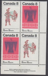 Canada -  #569ai Algonkian Indians Plate Block, HB Unitrade CV. $17.50 - MNH