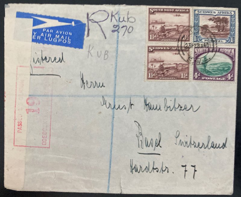 1940 Kub South West Africa Censored Airmail Cover To Basel Switzerland