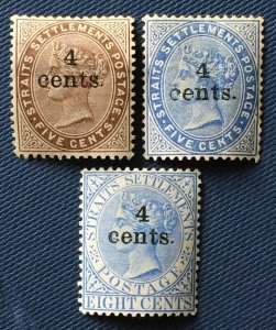 MALAYA Straits Settlements 1898-99 QV 4 cents opt 3V Mint SG#106-108 M4770