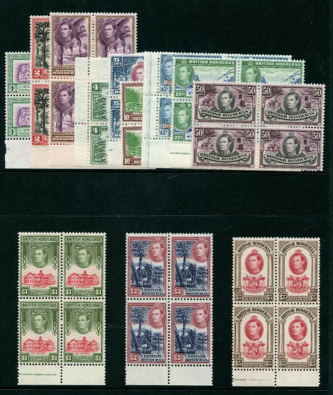 British Honduras 1938 KGVI set complete in blocks MNH. SG 150-161. Sc 115-126.