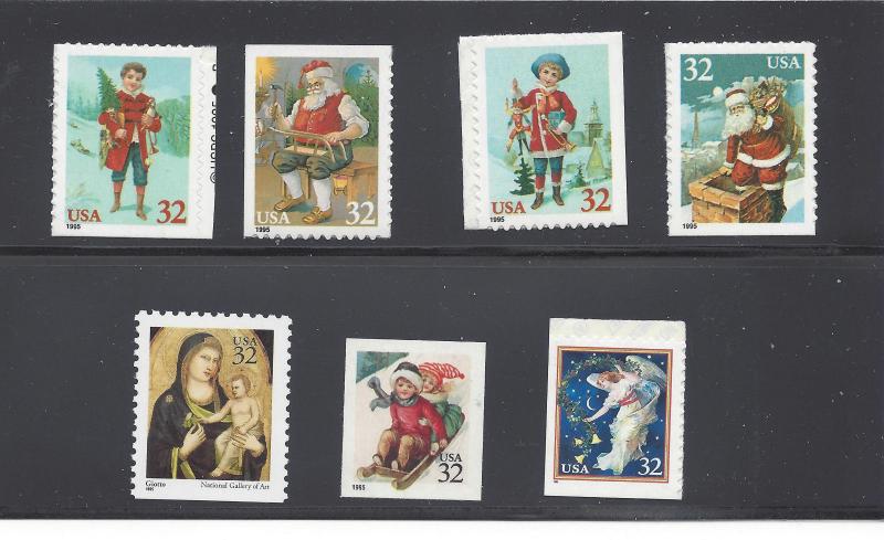 US Scott # 3003a, 3008 - 3011, 3012, & 3013 / 1995 Christmas SA BK Singles 6 MNH