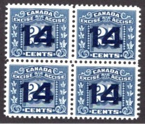 FX117, van Dam 14 on 25c, MNH, Block of 4, F/VF, O/P on 3 Leaf Excise Canada