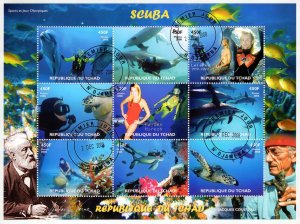 Chad 2008 SCUBA-Diver-Marine Life-J.Verne-J.Cousteau Sheetlet (9) FINE USED