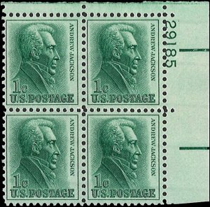Scott # 1209 1963 1c grn  Jackson  Plate Block - Upper Right - Mint 