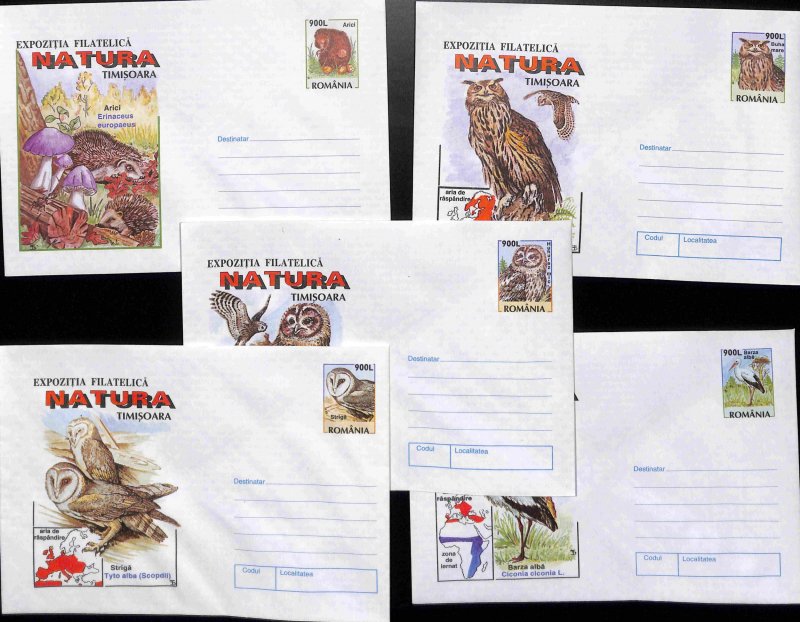 Romania PSE prepaid envelope 1998 complete set of 5 birds owls hedgehog stork