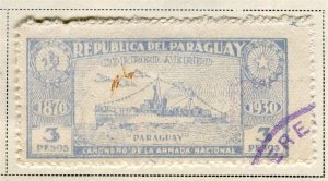 PARAGUAY; 1930-37 early Anniversary 1870 AIRMAIL issue used hinged 3P. value