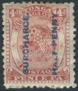 Tonga 1894 SG21a ½d on 4d chestnut Coat of Arms SURCHARCE part gum MNG