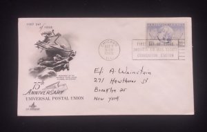 D)1949, U.S.A, FIRST DAY COVER, ISSUE, MONUMENT OF THE UNIVERSAL POSTAL UNION