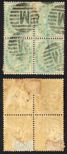 India SG114 1/2a Yellow-green Block of Four used (thin)