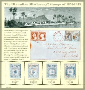 US: 2002 HAWAIIAN MISSIONARY STAMPS; Sheet of 4 - Sc 3694; 37 Cents Values