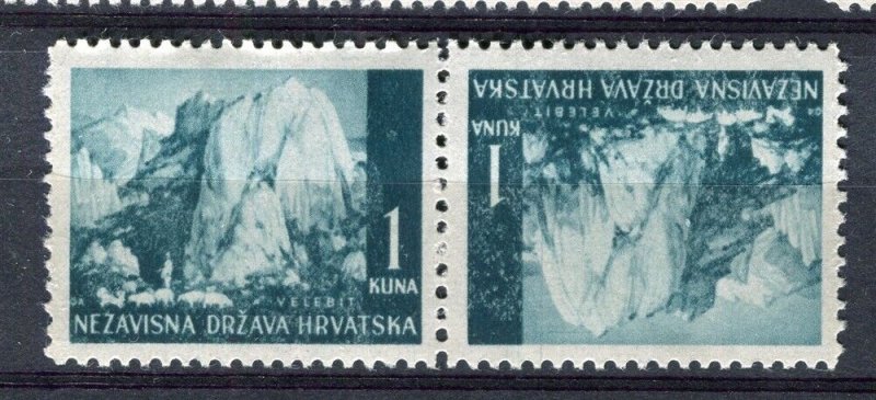 CROATIA; 1940s early WWII pictorial issue Mint MNH TETE-BECHE PAIR, 1k