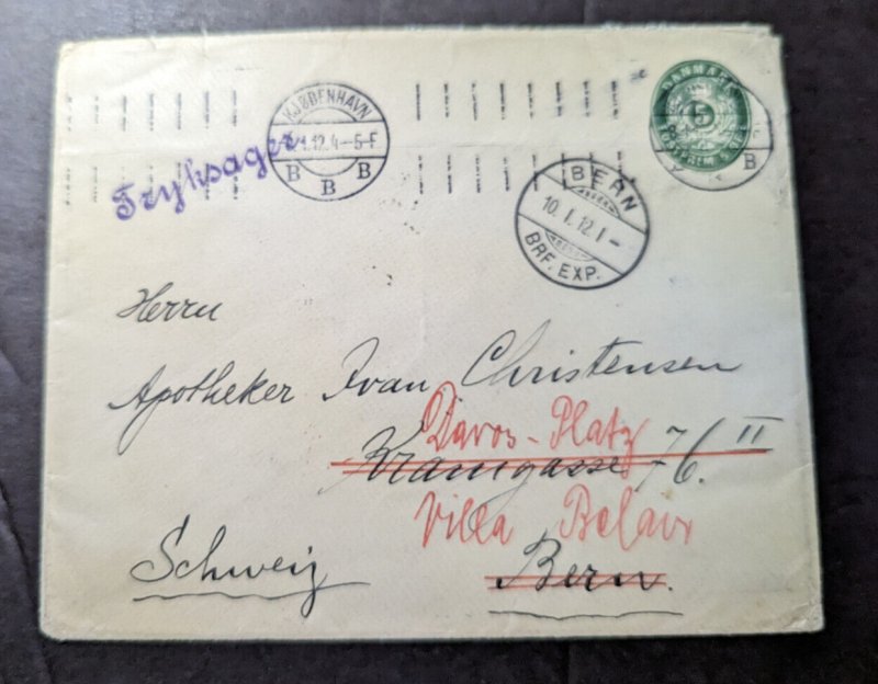 1912 Denmark Cover Copenhagen to Bern Switzerland Readressed