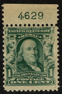 US #300 PLATE NUMBER SINGLE, SCV $26.00  XF mint hinged, 1c Washington, extre...