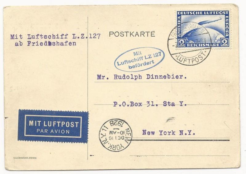 Germany Scot #C36 on Post Card Air Mail Cover to USA Luftpost 1928