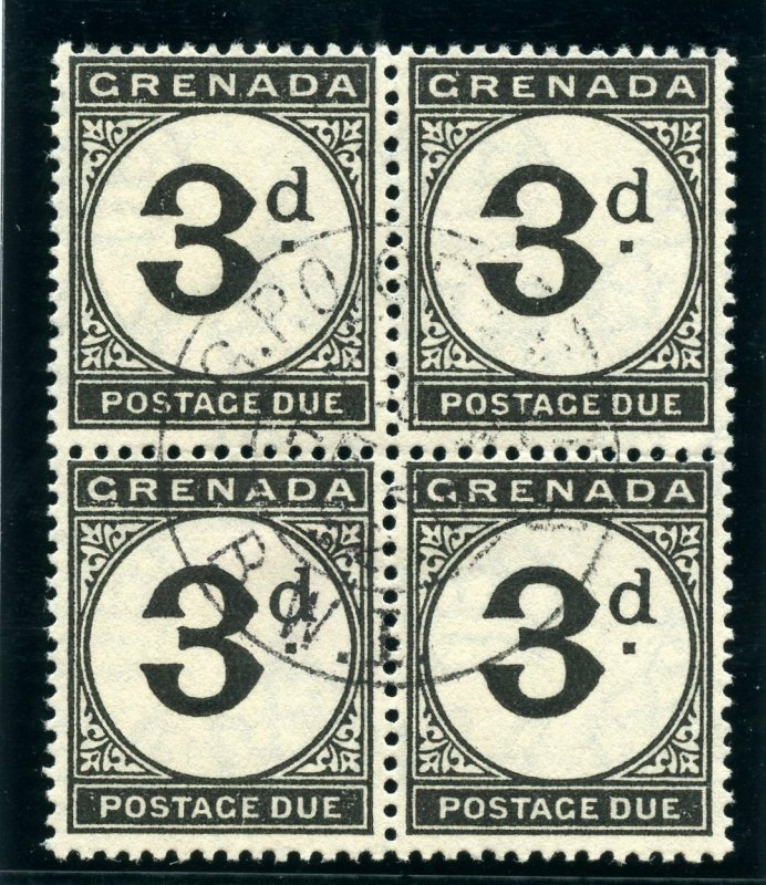 Grenada 1945 KGVI Postage Due 3d black block of four VFU. SG D14 var.