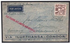 CURACAO Cover 1939 via PORTUGAL & ITALY*TRANSATLANTIC AIR SERVICE* Germany Z168