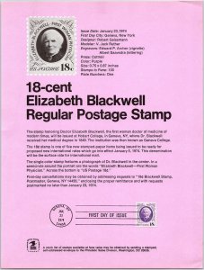 USPS SOUVENIR PAGE 18-CENT ELIZABETH BLACKWELL REGULAR POSTAGE STAMP 1974