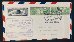 1930 San Juan Puerto Rico first flight Airmail  Cover FFC To Santos Brazil