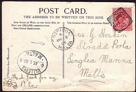 MALTA 1905 postcard ex UK with Valetta & Cospicua arrival marks............13591
