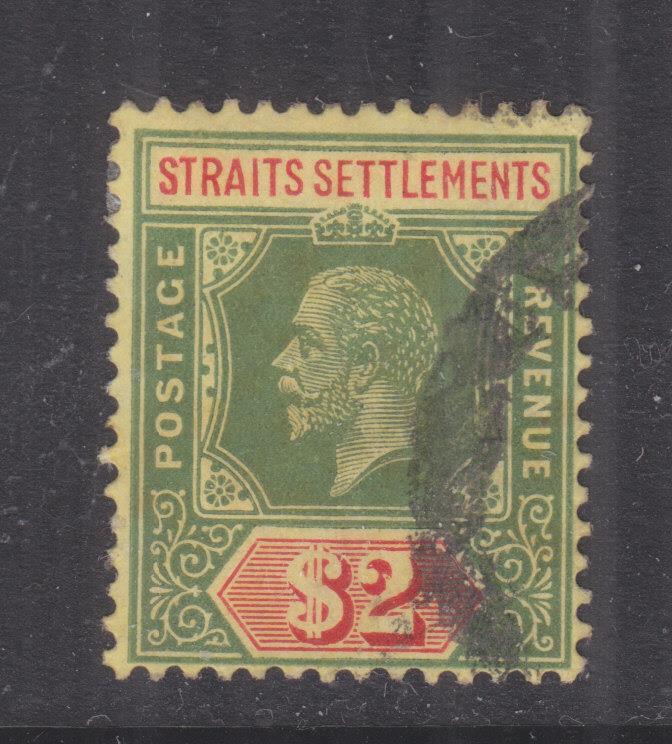 STRAITS SETTLEMENTS, 1914 KGV, Crown CA, $ 2.00 Green & Red on Yellow, used.