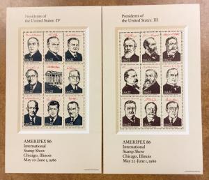 2216-2219 AMERIPEX Set of 4 Presidents sheets   1986  w/ envelope FV $7.92