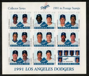 St. Vincent 1989 - Dodgers MLB, Baseball, Tommy Lesorda Sheet of 9 Stamps - MNH