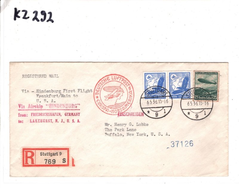 GERMANY HINDENBURG ZEPPELIN Air Mail Cover FIRST FLIGHT USA New York 1936 KZ292