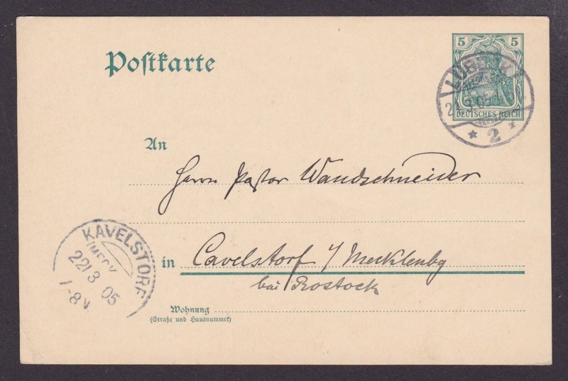 GERMANY 1905, Pre-stamped postcard Mi #P58 from Lübeck to Kavelstorf