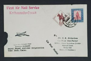 1963 Kathmandu Nepal Dacca Pakistan Royal Nepal Airline Corp First Flight Cover