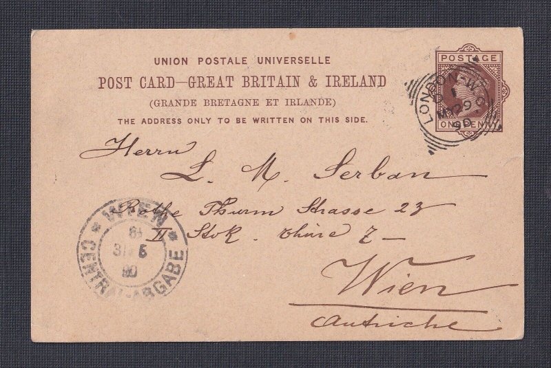 UK 1890 1D PS CARD LONDON W.C. O 1 SQUARED CIRCLE  TO VIENNA AUSTRIA