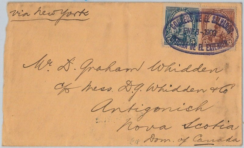 50326  - EL SALVADOR -  POSTAL HISTORY  - COVER to NOVA SCOTIA Canada -- 1903