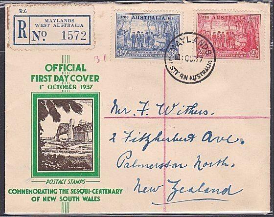 AUSTRALIA 1937 NSW 2d & 3d on registered FDC - MAYLANDS W.A. cds...........53793