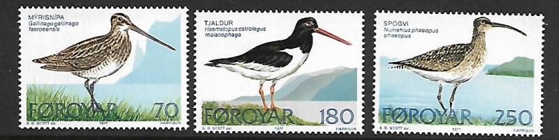 FAROE ISLANDS 28-30 MNH BIRDS SET 1977