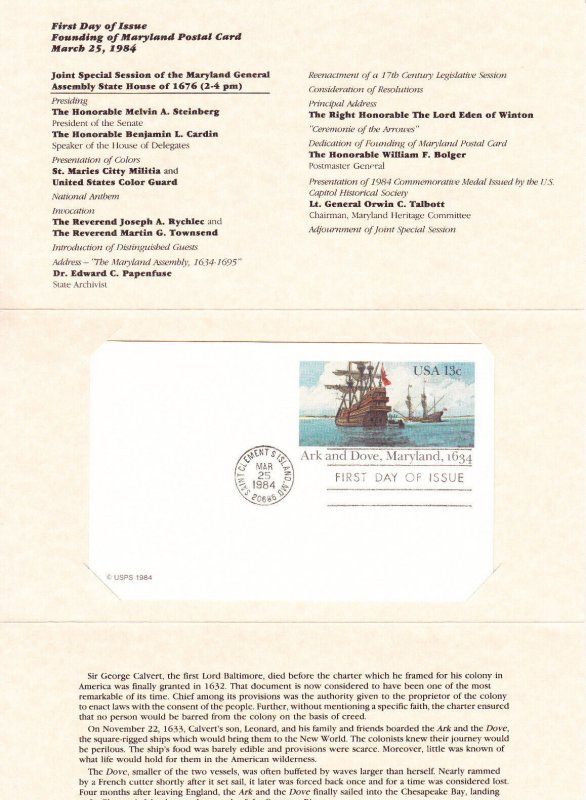 USPS 1st Day of Issue Ceremony Program #UX101 Founding Maryland Postal Card 1984