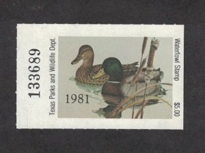 TX1 1981 TEXAS 1st State Duck Stamp (HAYDEN) OGNH-OFFER?