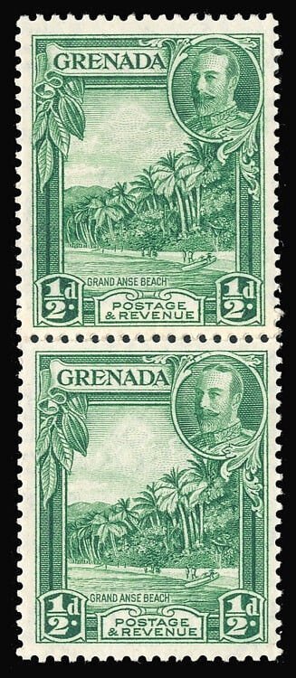 Grenada 1934 KGV ½d green in a very fine mint vertical COIL JOIN pair. SG 135a.