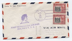 1941 Fiji transpacific airmail flight cover cacheted cover 1/5 issue x2 [y9025]