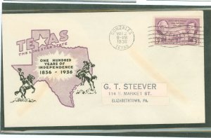 US 776 1936 3c Texas Centennial (single) on an addresssed (label) first day cover with an Ioor cancel.