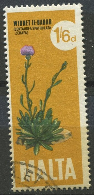 Malta Sc#435 Used, 1s6p ochr & multi, National Plant and Bird of Malta (1971)