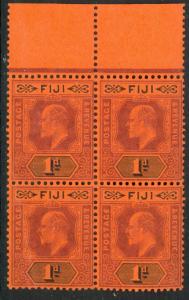 FIJI 1904-12 KEDVII 1d Violet & Black on Red Paper MARGINAL BLOCK OF 4 Sc 71 MNH