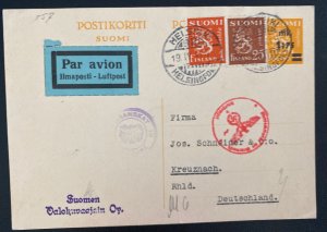 1941 Helsinki Finland Airmail Postcard Cover To kreuznach Germany Censored Infro