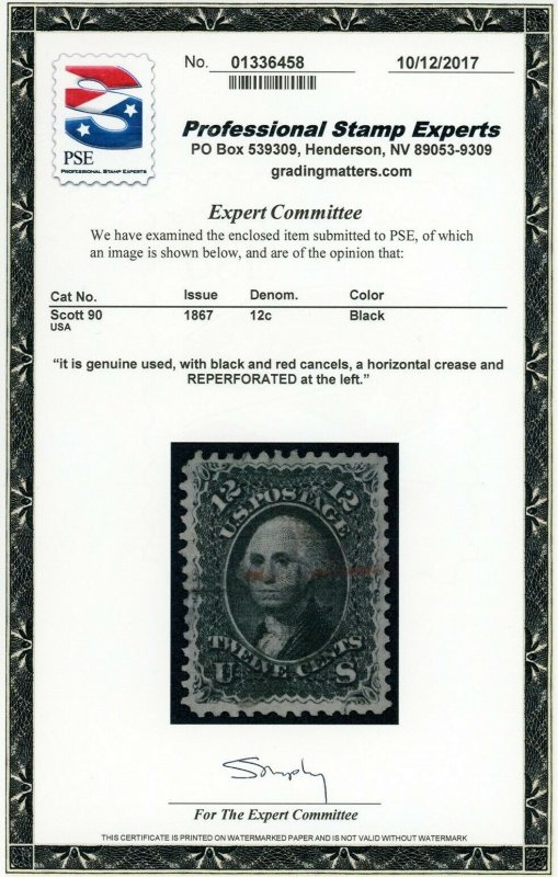 US Stamp 90 Washington 12c PSE Cert - USED CV- $450.00