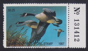 State Hunting/Fishing Revenues: WI - 1987 Duck Stamp  WI-10 - MNH