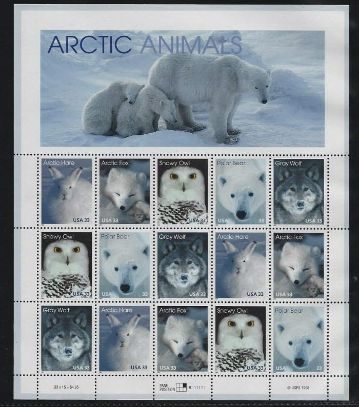 US #3288 - 92, 33c Artic Animals,  Sheet, VF mint never hinged, Fresh Sheets,...